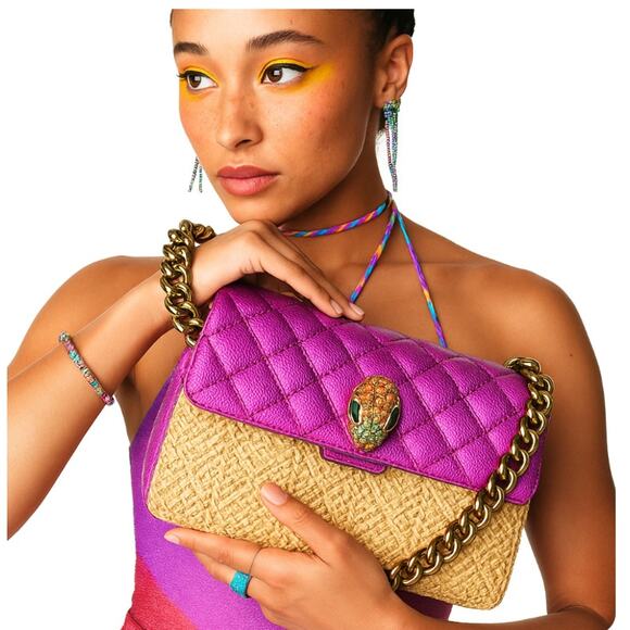 Kurt Geiger Hot Pink Fuchia Raffia Kensington Convertible Bag Chain Designer - Picture 2 of 16